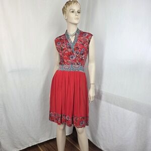 Benares Dress Womens Small Red Floral Fit Flare Knee Length Boho Artsy Chic‎
